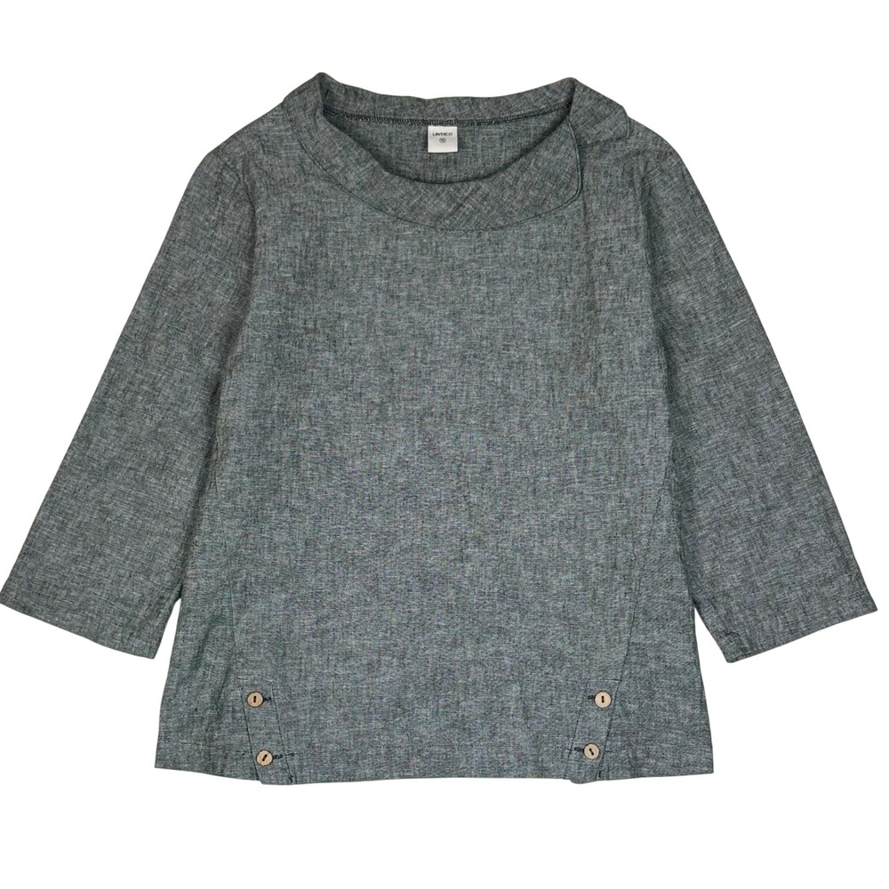 Lintico Linen Cotton Blend Folded Collar Button Hem Top Womens M Gray Minimalist